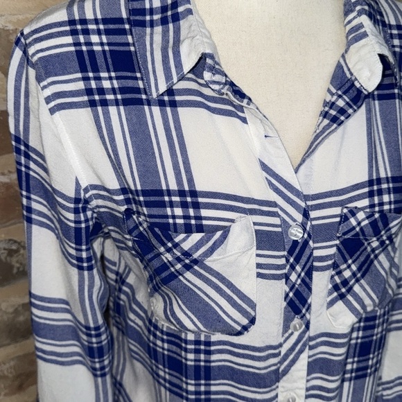 Derek Heart Blue Plaid Button Down Rolled Tab Sleeve Retro Chic Streetwear - Picture 4 of 12